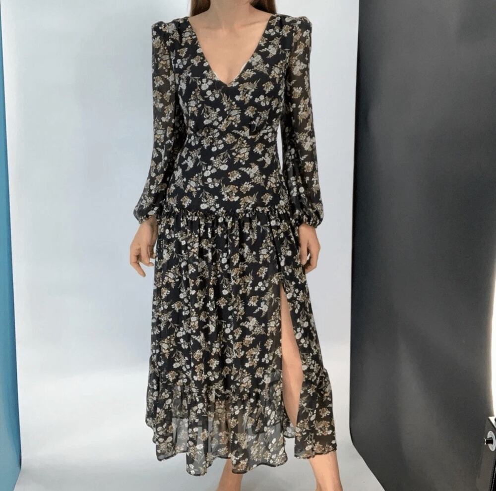 NEW ASTR the Label Chiffon Maxi Dress Black Floral Feminine Layered Luxury XL